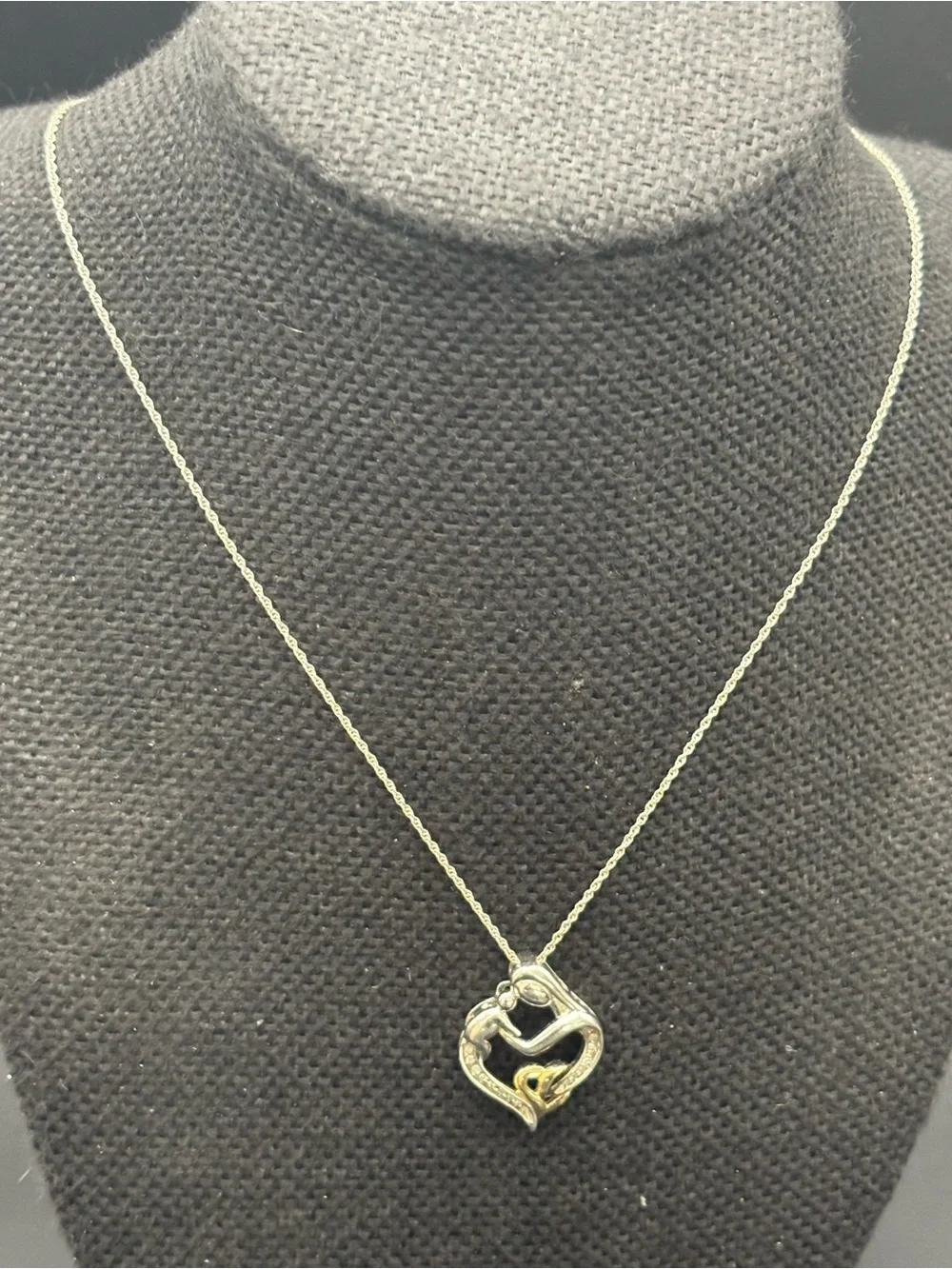 Heart Embrace Two-Tone Pendant Necklace - Silver & Gold, Mother & Child, Diamond